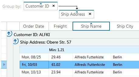 WinForms GridView control displaying sorting filtering and grouping